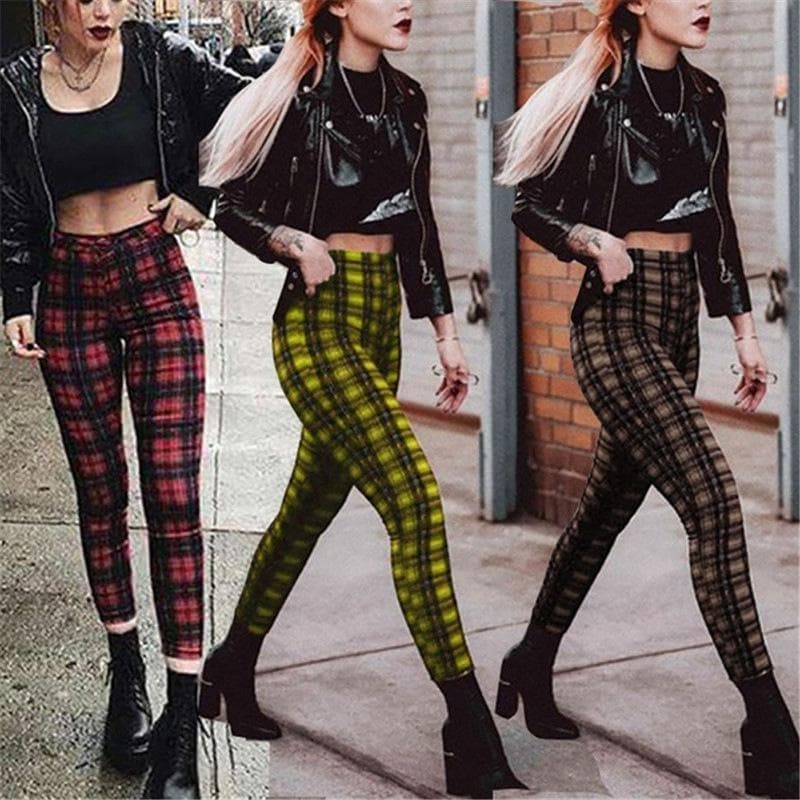 New Fashion Women's Sexy High Waist Plaid Slim Pencil Jeans Casual Skinny Leggings Pants cm yellow