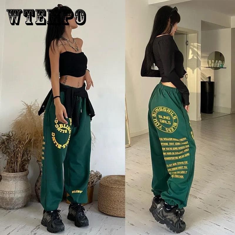 Oversize Ink Green Sports Pants Female Loose Bundle Hip Hop-h-Hardware Pants Retro Print Jazz Street Dance Long Pants cm