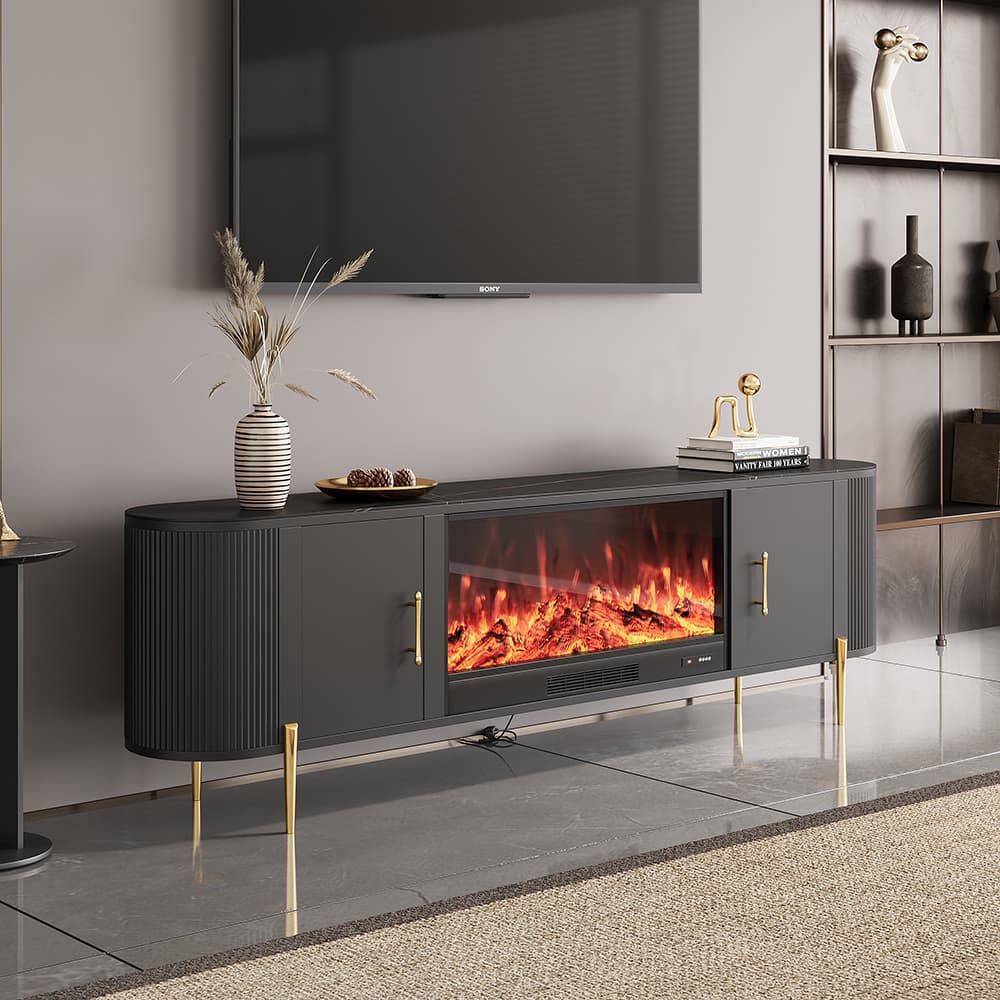 200 cm Modern Black Electric Fireplace Storage TV Stand Sintered Stone Top with Remote Control