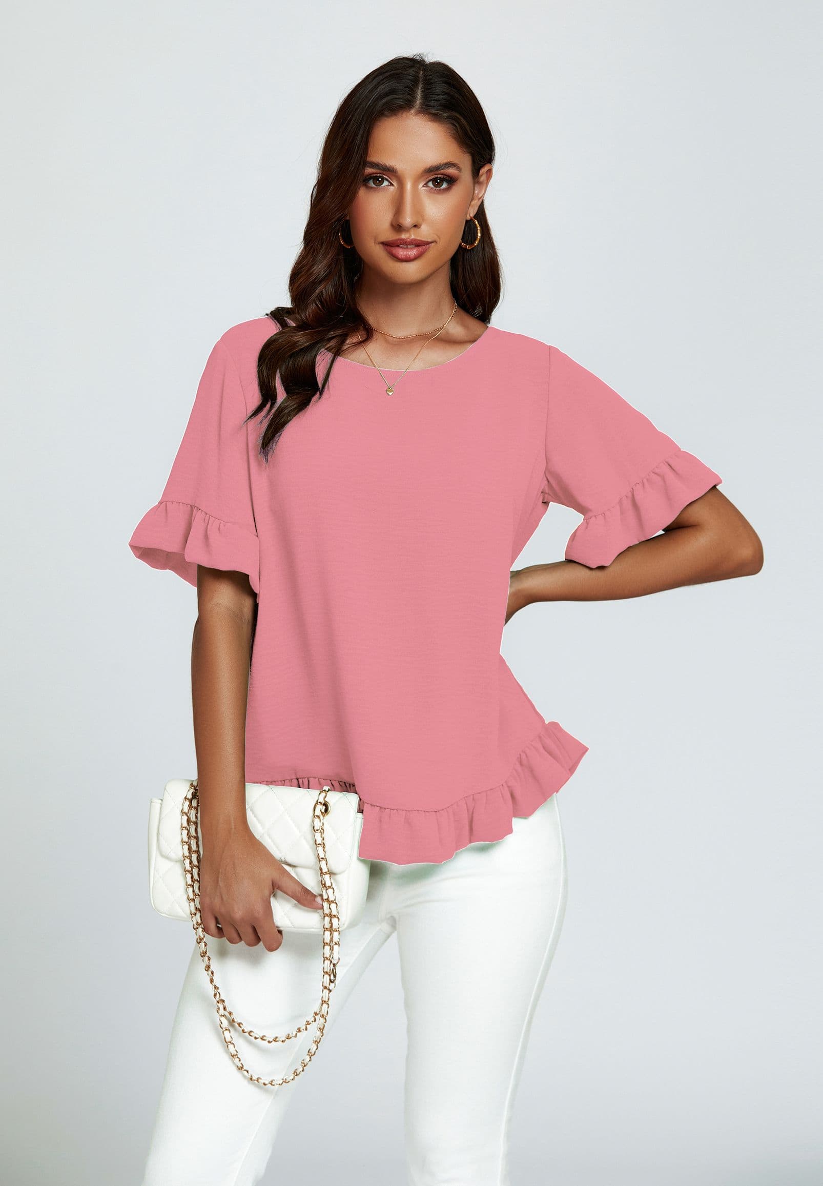 FS Collection Women's Frill Detail Short Sleeves Top in Light Pink | Size: Small