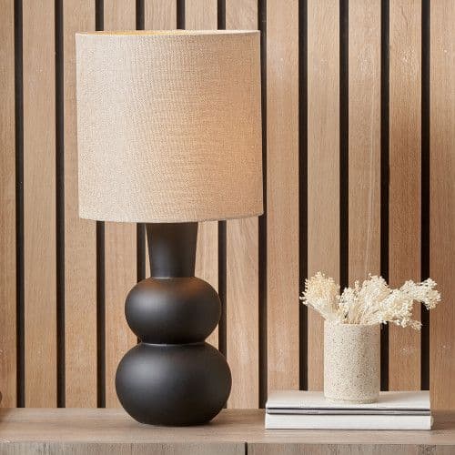 Ruma Abstract Ceramic White Table Lamp Base Cream Hessian Shade in Black