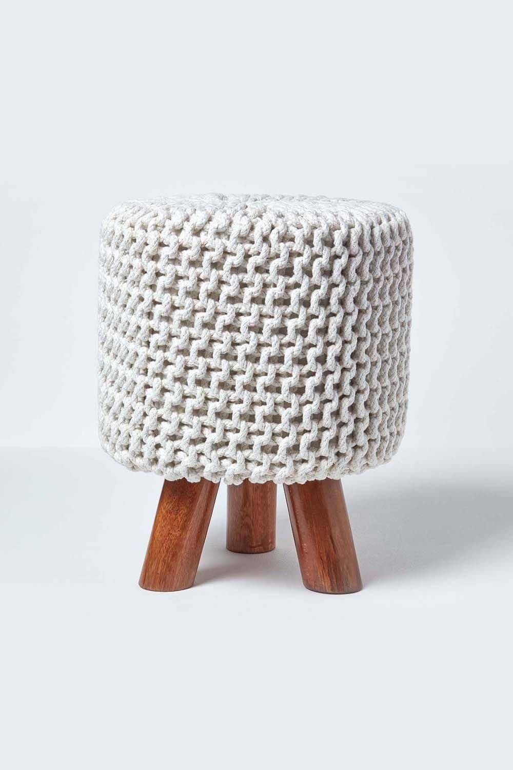 Homescapes Tall Cotton Knitted Footstool on Legs in Natural