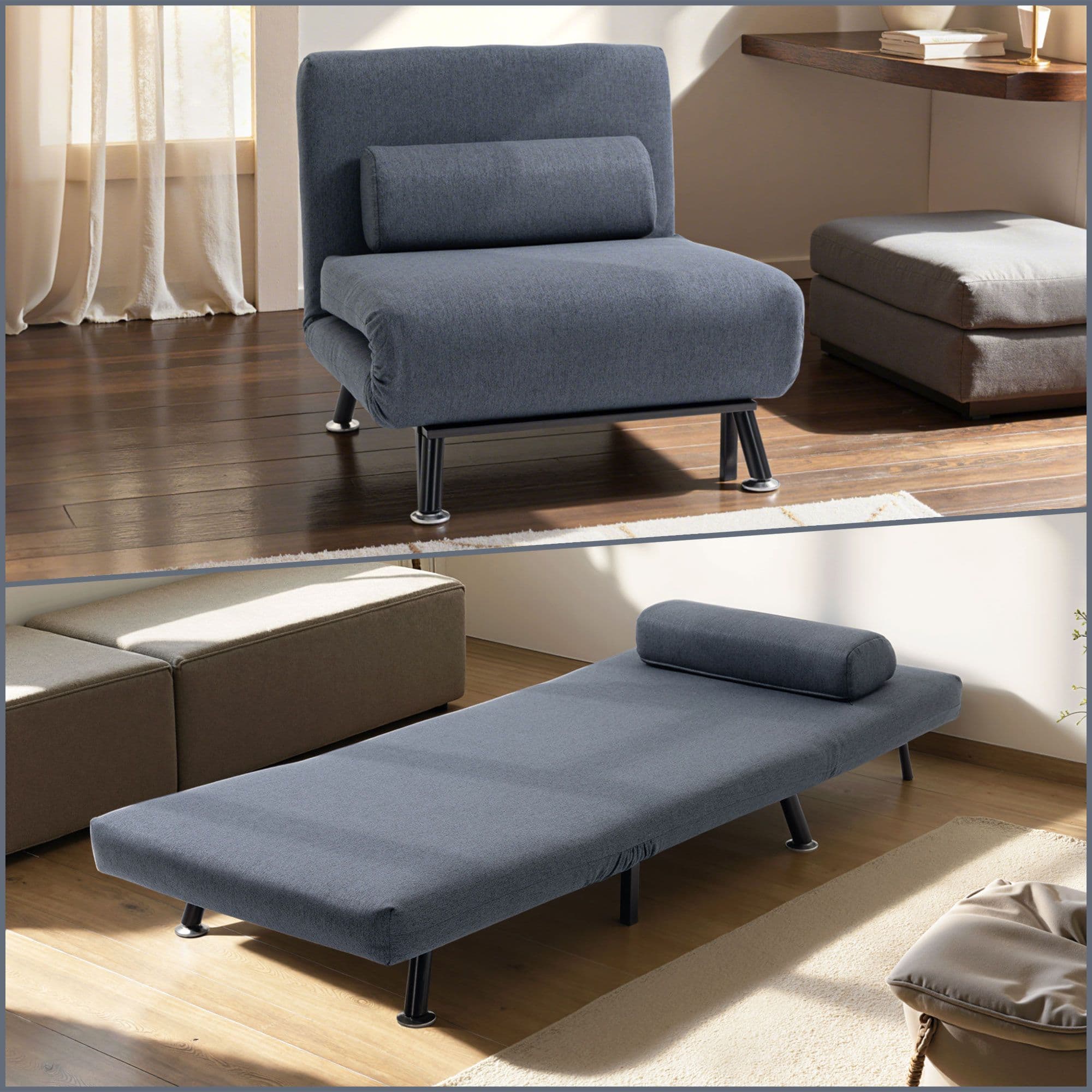 HOMCOM Single Folding 5 Position Convertible Sleeper Chair Sofa Bed in Dark Grey