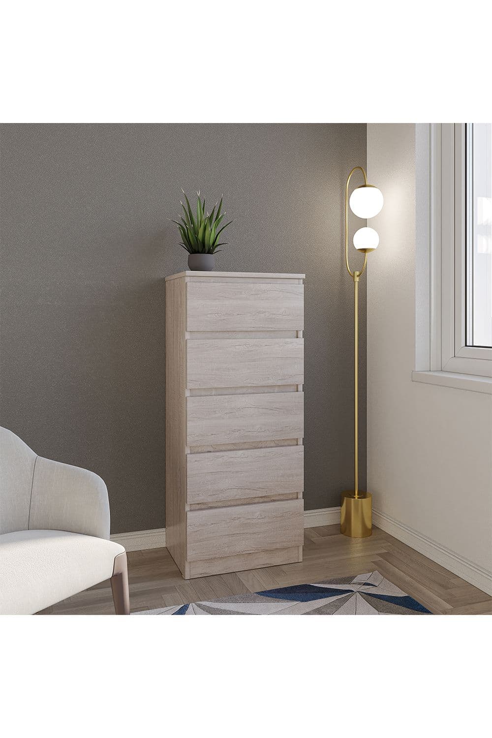 Seconique Malvern 5 Drawer Narrow Chest in Light Stone