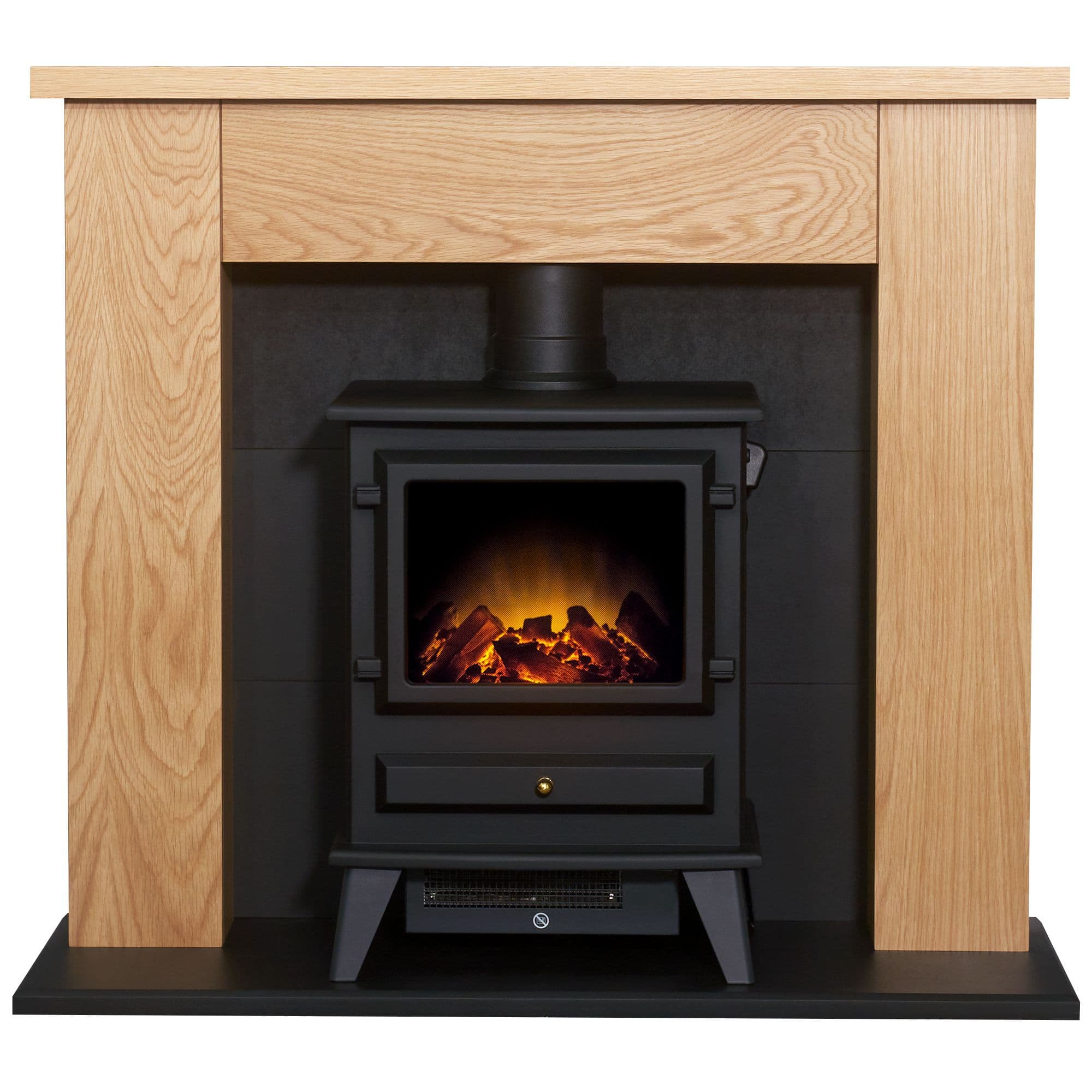 Adam Fires & Fireplaces Chester Stove Fireplace in Oak & Black with Hudson Electric Stove in Black, 39 Inch