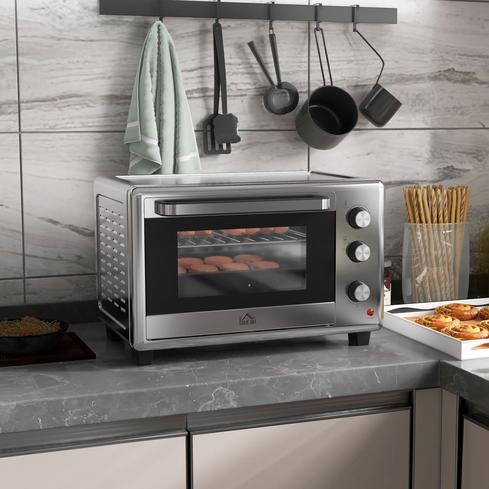 HOMCOM 30L Mini Oven with Adjustable Temperature, 60 Min Time 1600W, Silver