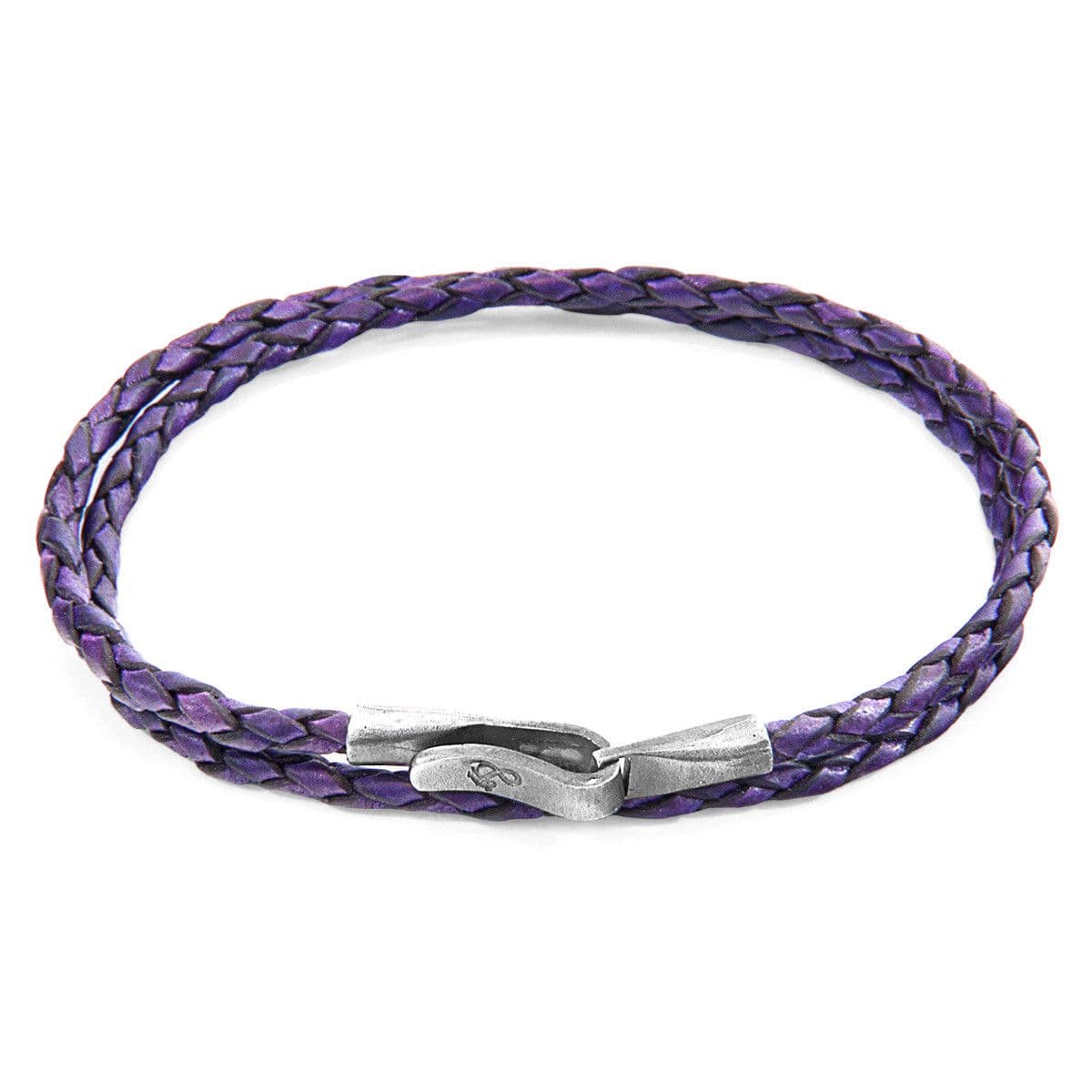 ANCHOR & CREW Men's Liverpool Silver & Braided Leather Bracelet in Purple | Size: 23 cm