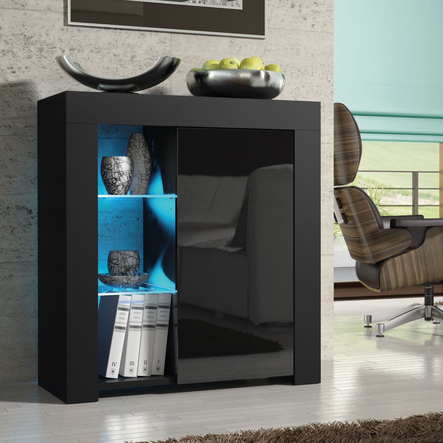 Creative Furniture Serene Sideboard 83cm - A Compact & Elegant Cabinet with Gloss Doors & LED Lights in Black