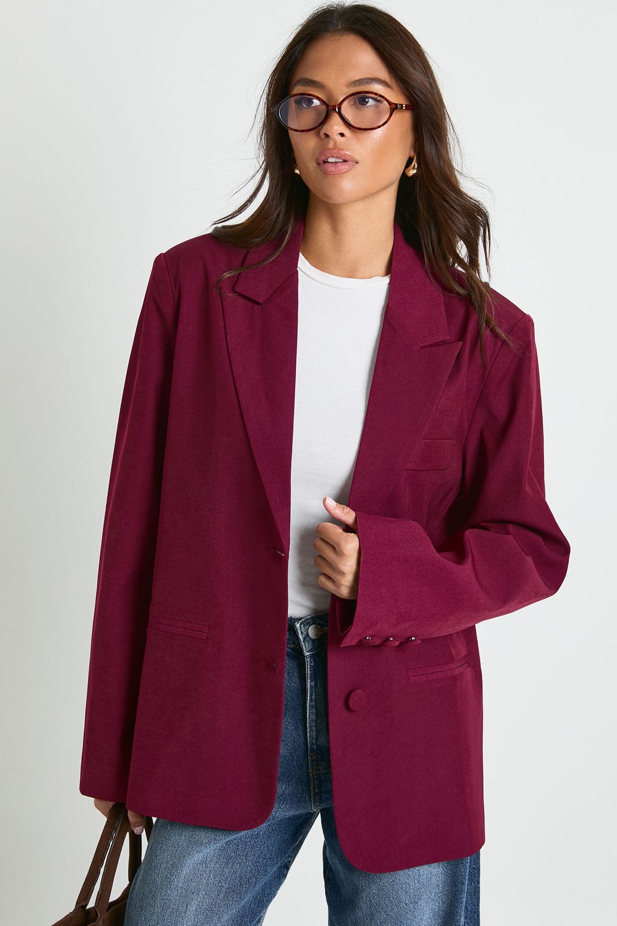 Boohoo Womens Single Breasted Relaxed Fit Tailored Blazer - Burgundy - Size 14 UK