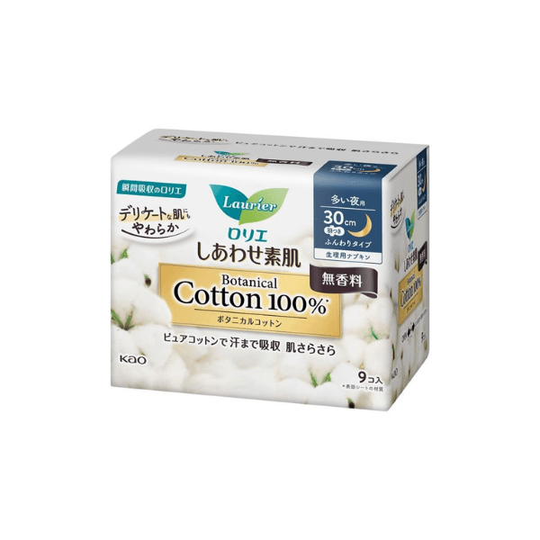 Kao - Laurier Shiawase Sokuhada Botanical Cotton 100% Heavy Night Use With Wings 30cm - 9pcs