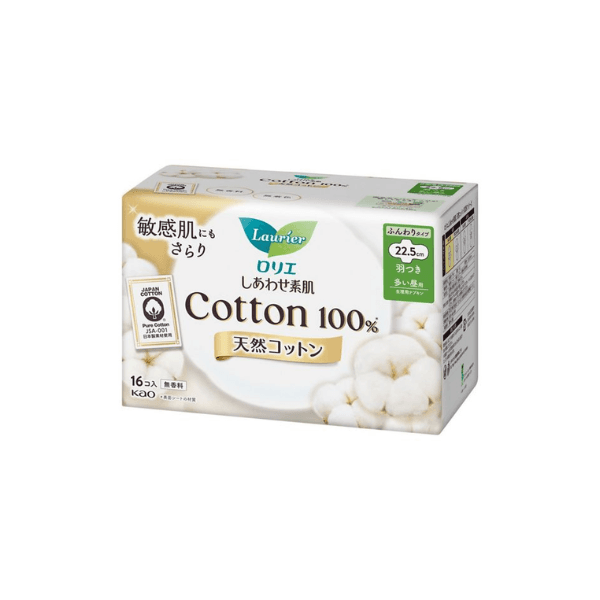Kao - Laurier Shiawase Sokuhada Natural Cotton 100% Heavy Daytime Use With Wings 22.5cm - 16pcs