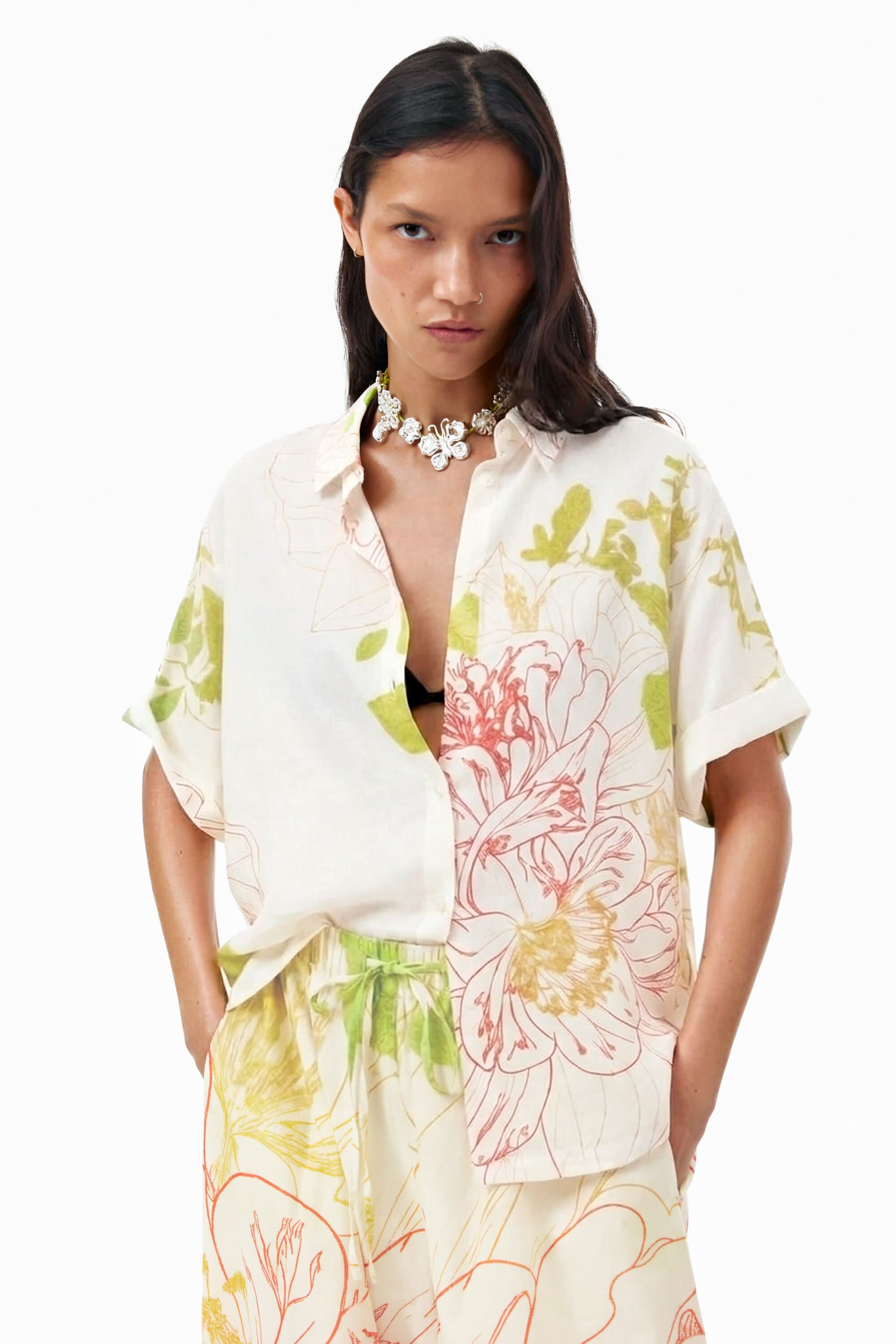 Desigual, Short-sleeved floral shirt, Viscose, White, M