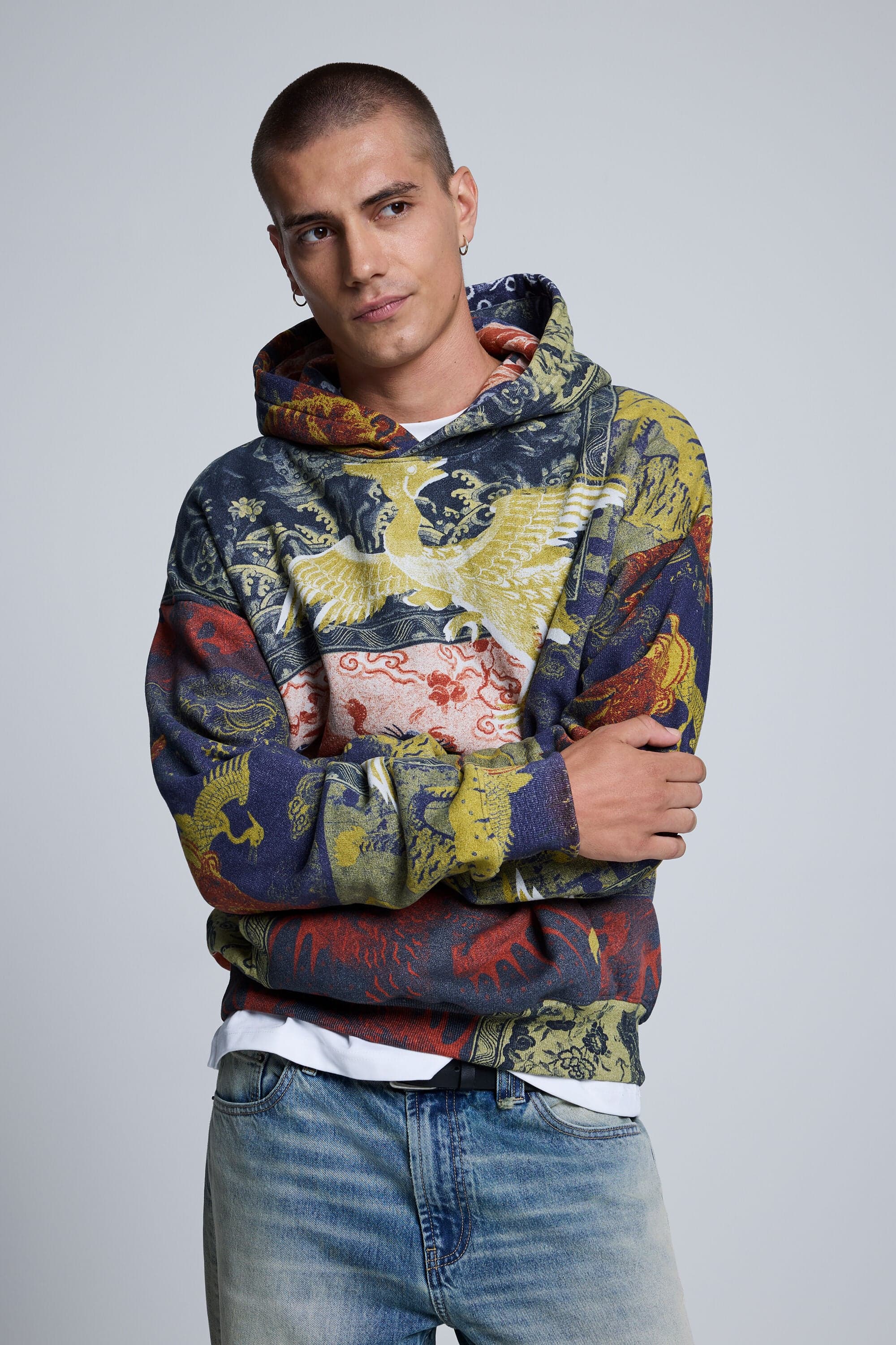 Desigual, Printed Hooded Sweatshirt, Men, Cotton, Green, M