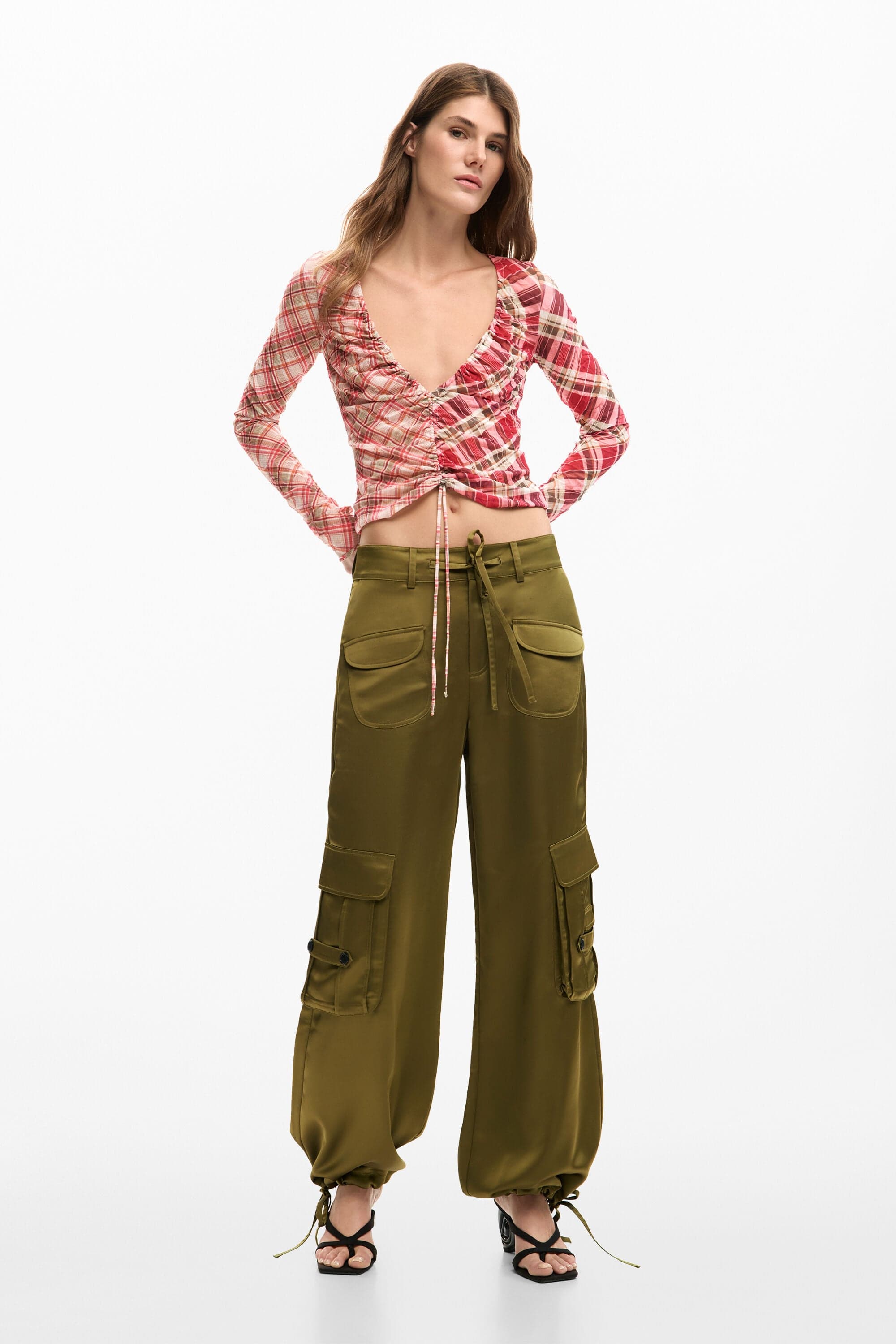 Desigual, Satin cargo pants, Women, Polyester, Green, L