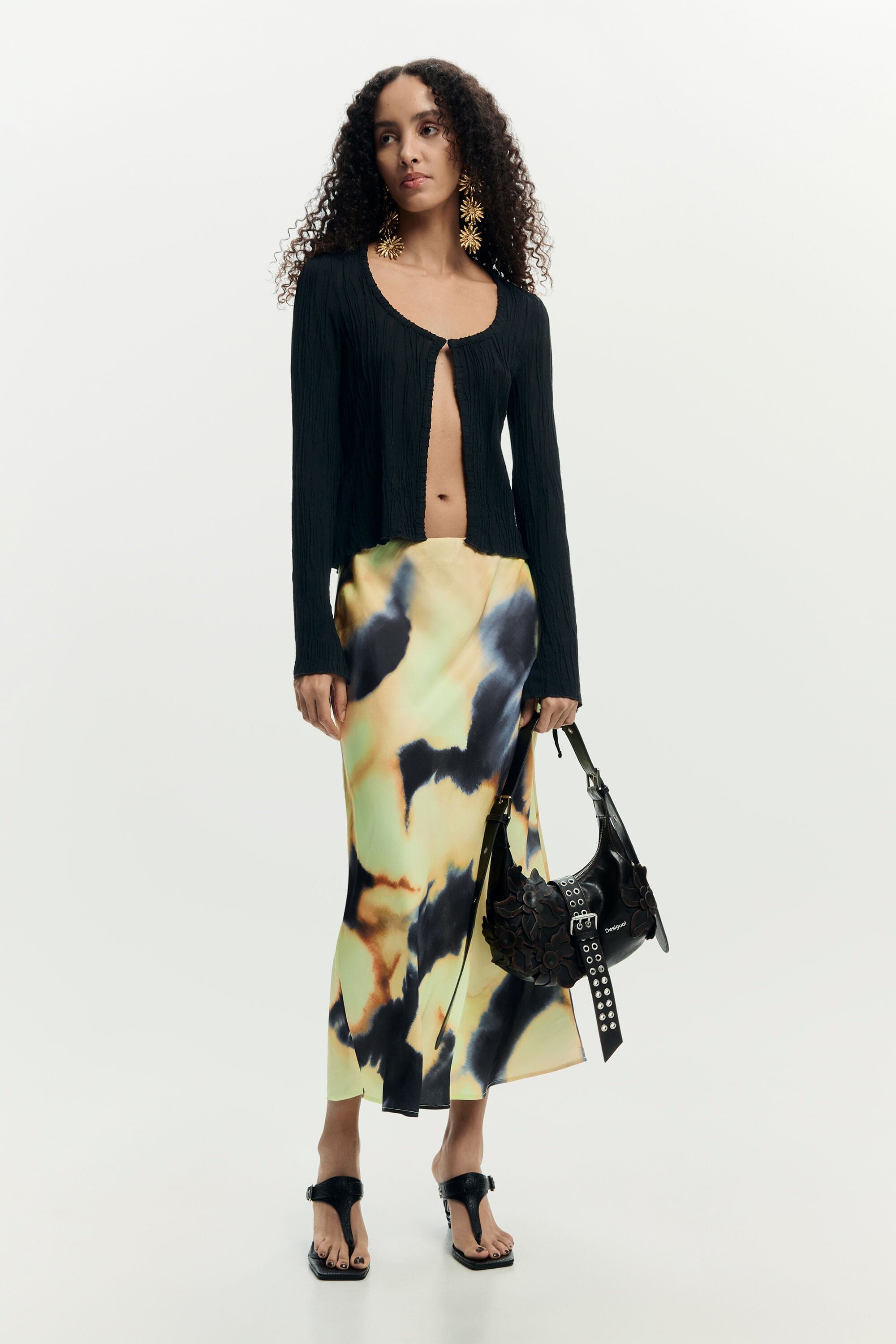 Desigual, Printed midi skirt, Polyester, Black, S