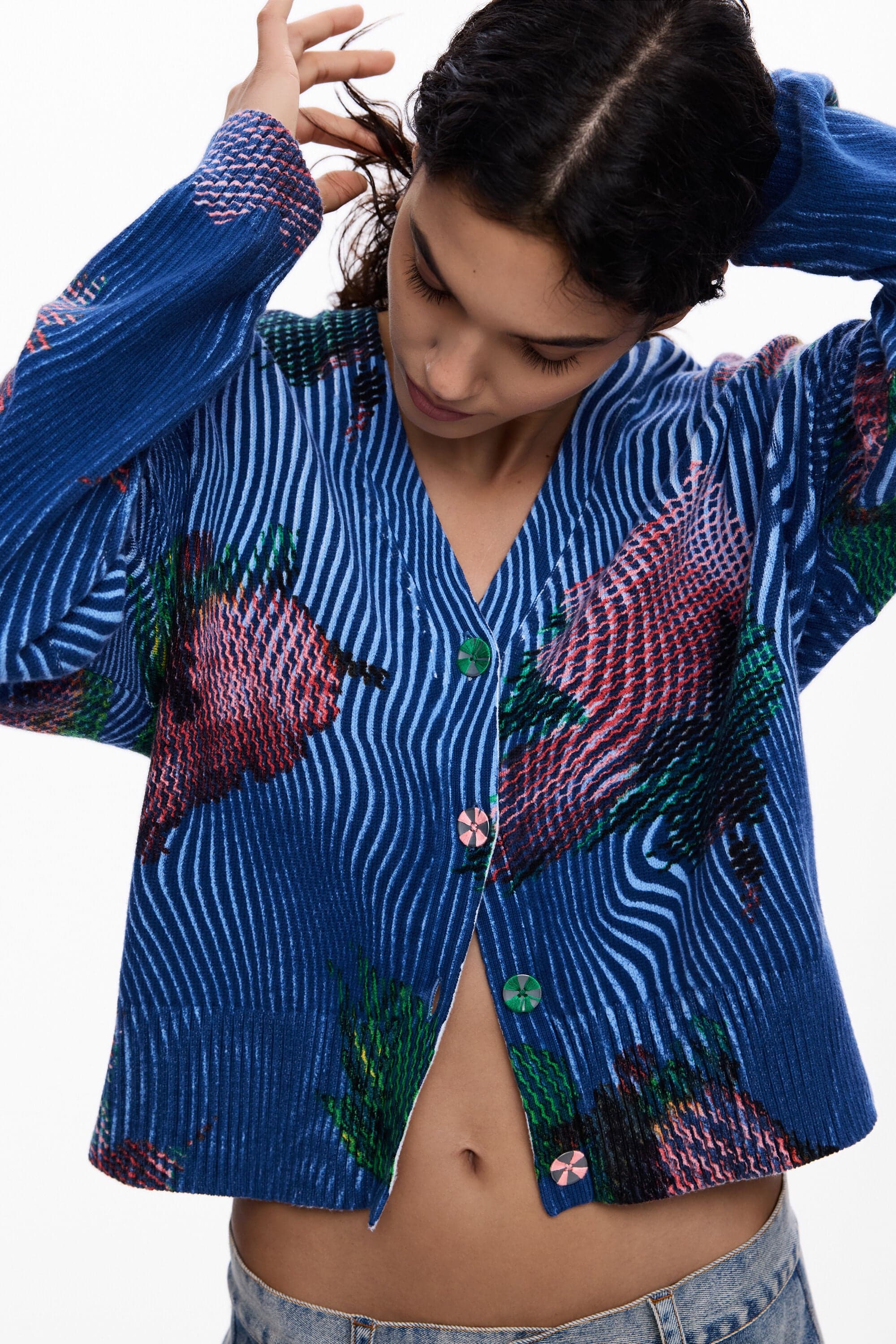 Desigual, Floral cardigan sweater, Women, Cotton, Blue, L