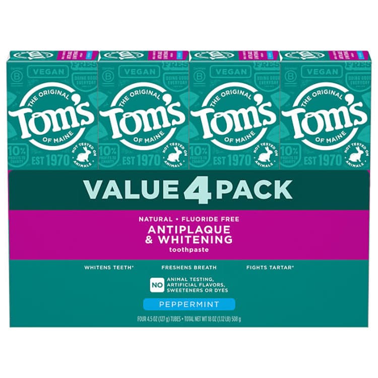 Toms of Maine Fluoride-Free Antiplaque & Whitening Toothpaste 4 Pack