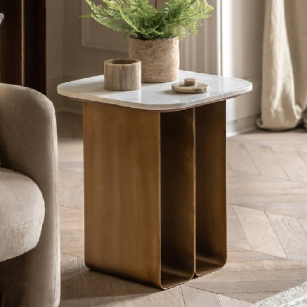 Duluth White Marble Top Side Table With Gold Base