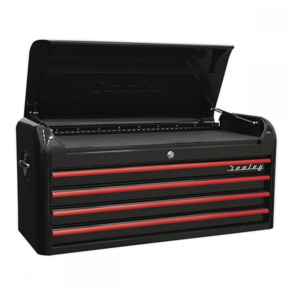 Sealey AP41104BR Topchest 4 Drawer Wide Retro Style - Black With Red Anodised Drawer Pulls