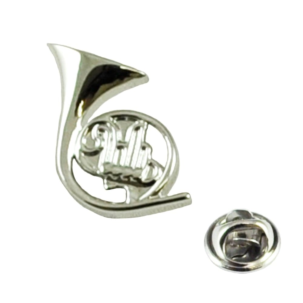 Silver French Horn Musical Instrument Lapel Pin Badge - Rhodium Plated