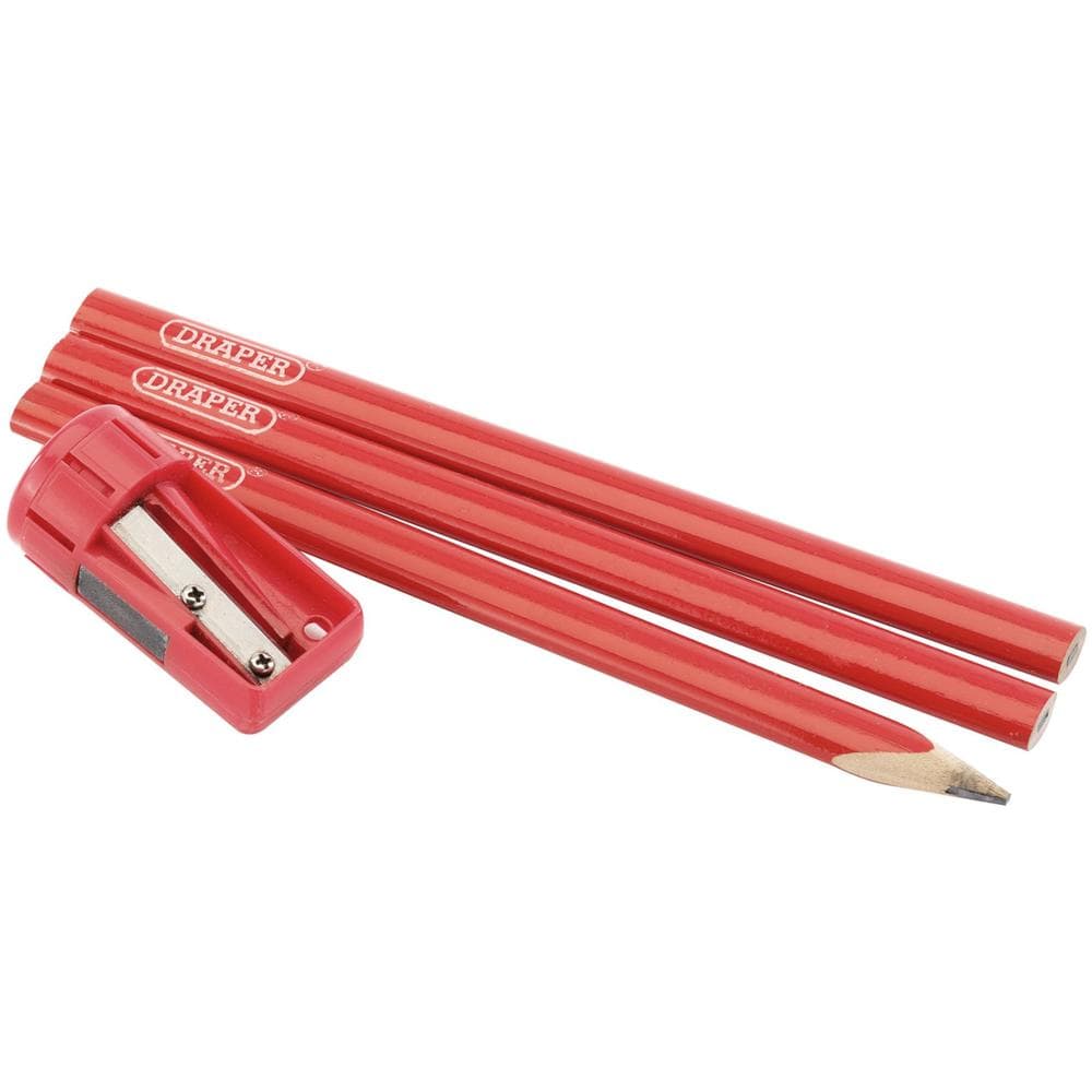 Draper Red Medium Carpenters Pencils and Sharpener Pack of 6